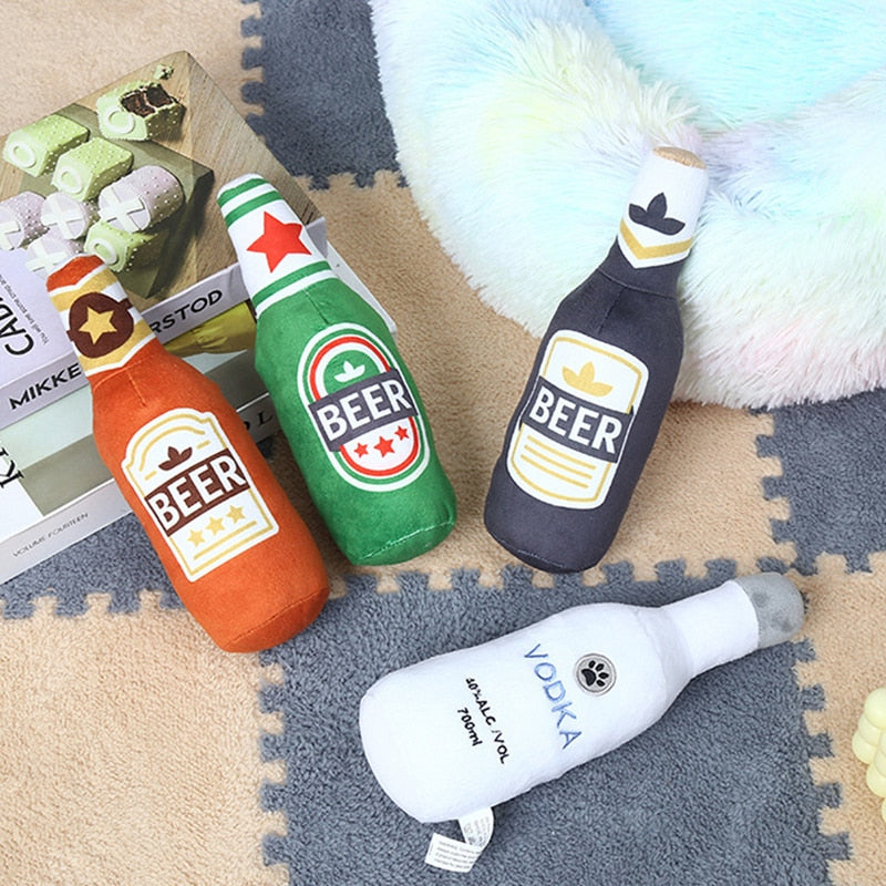 Dog Plush Toys Pet Squeaky Printed Beer Bottle