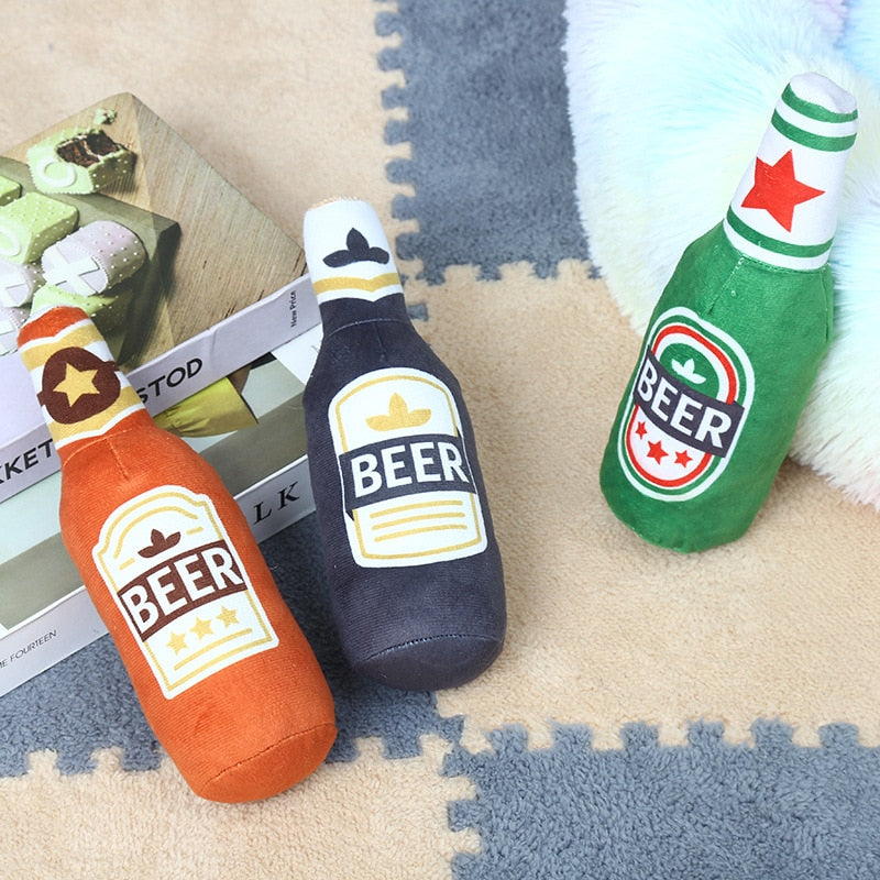 Dog Plush Toys Pet Squeaky Printed Beer Bottle